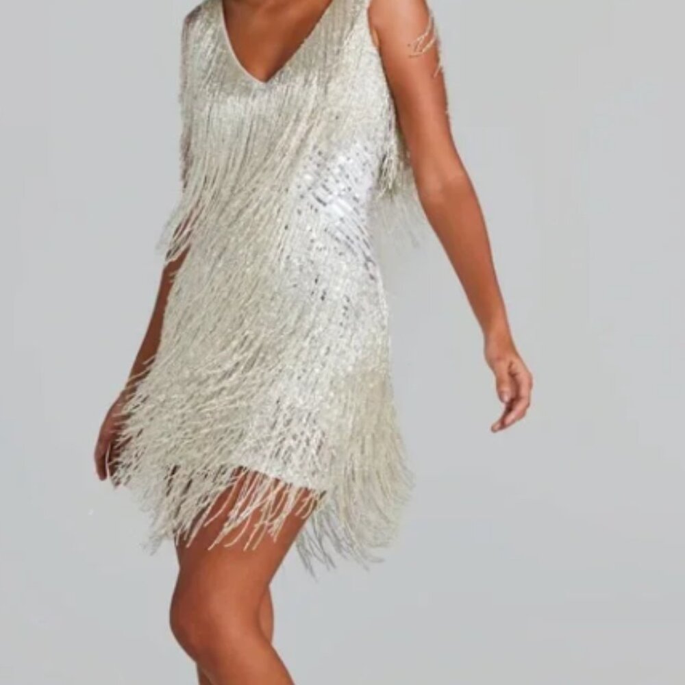 NADINE MERABI Silver Fringe Midi Dress